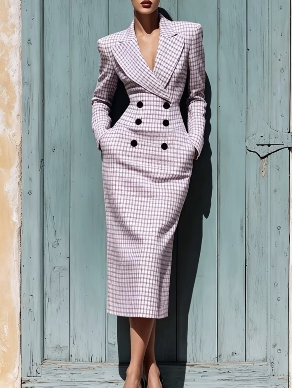 Women Plaid Blazer Midi Dress, Double Breasted Bodycon Pencil Dress, Elegant